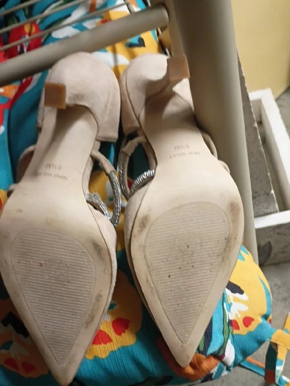 Nine West Tan Suede Pointed Toe Heels with Rhinestone Straps